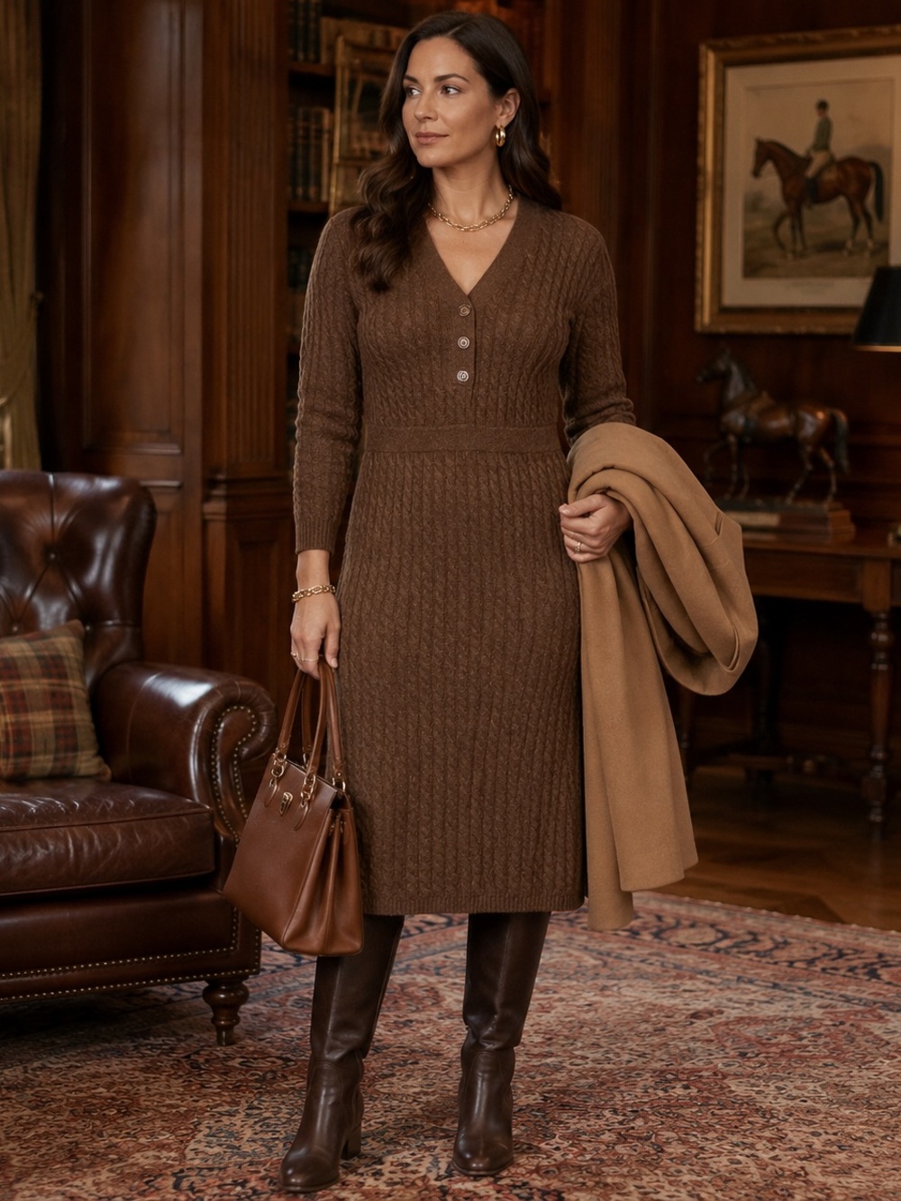 Vintage Y2K NY&C XL Chocolate Brown Cable Knit Sweater Dress